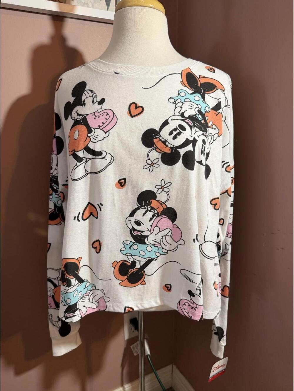 Disney Mickey Minnie Mouse Cropped T Shirt Womens XL Long Sleeve New